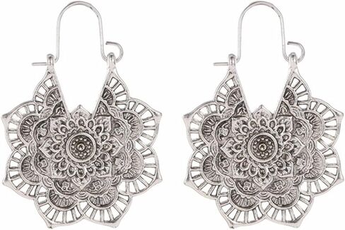 Boho Antique Carved Flower Dangle Drop Earrings for Women Girls Vintage Retro Handmade Hollowed Antiqued Bronze Floral Shaped Geometric Gold Silver Plated Hoop Earrings for Ethnic Style Jewelry Gifts in Saudi Arabia