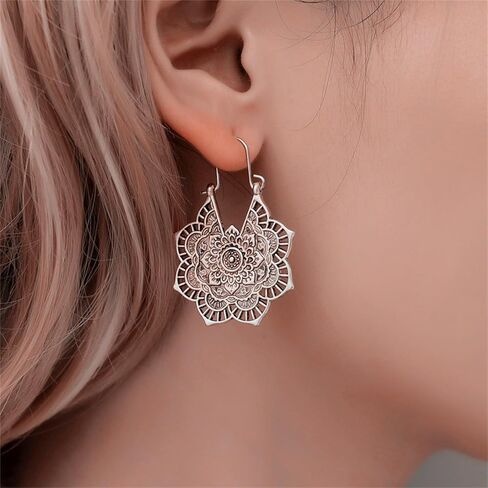 Boho Antique Carved Flower Dangle Drop Earrings for Women Girls Vintage Retro Handmade Hollowed Antiqued Bronze Floral Shaped Geometric Gold Silver Plated Hoop Earrings for Ethnic Style Jewelry Gifts in Saudi Arabia