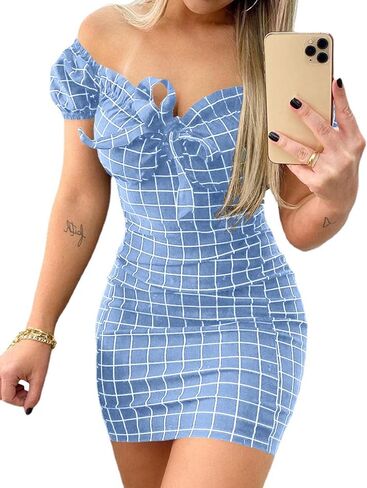 SOMTHRON Women's Plaid Print Off Shoulder Sweetheart Neckline Mini Dress High Waist Tie Front Ruffled Short Dresses in Saudi Arabia