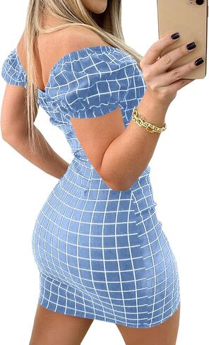 SOMTHRON Women's Plaid Print Off Shoulder Sweetheart Neckline Mini Dress High Waist Tie Front Ruffled Short Dresses in Saudi Arabia