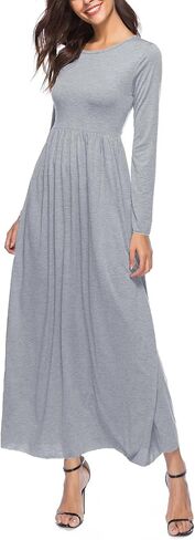 Rooscier Women's Round Neck Ruched Long Sleeve A Line Loose Casual Long Dress in Saudi Arabia