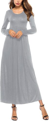 Rooscier Women's Round Neck Ruched Long Sleeve A Line Loose Casual Long Dress in Saudi Arabia