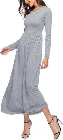 Rooscier Women's Round Neck Ruched Long Sleeve A Line Loose Casual Long Dress in Saudi Arabia