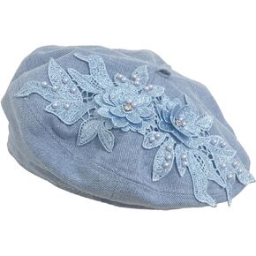 Women Flower Embroidery Beret Hat Denim Beret French Style Artist Beret Cap