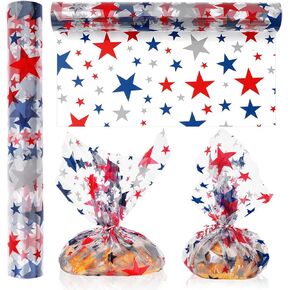 Whaline Patriotic Cellophane Wrap Roll 100ft x 16In 2.5Mil Red Gray Blue Stars Cellophane Paper 4th of July Crystal Clear Cello Wrapping Paper for Independence Day Treats Gifts Basket Party Favor