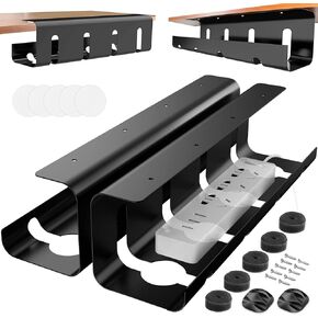 Under Desk Cable Management Tray, No Drill 2 x 15.7 in Steel Desk Cable Management Tray with Wire Organizer and Desk Cord Organizer, 2Pack Under Desk Black Cable Raceway for Cords