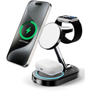 Intoval Fast Charging Station for Magsafe Apple Devices, Wireless Charger for MagSafe iPhones, 3 in 1 Magnetic Charger Stand for iPhone 15/14/13/12, Apple Watch & AirPods. (Black)
