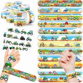 48PCS Tractor Party Favors 24PCS Tattoos 24PCS Slap Bracelets Wristbands Themed Birthdays Party Supplies Decorations Decor Green Tractor Farm Pattern Girls Boys Gifts Classroom Prize Reward