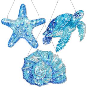Yuefunny 3 Pcs Ocean Diamond Art Kits Beach Diamond Art Wreath Kits Sea Turtles Starfish Conch Door Hanger Ornaments Adults DIY Beach Art Hanging Sign for Wall Door Decor