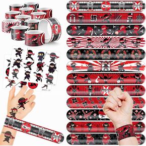 48PCS Ninja Party Favors 24PCS Tattoos 24PCS Slap Bracelets Wristbands Themed Birthdays Party Supplies Decorations Decor Samurai Baby Shower Pattern Girls Boys Gifts Classroom Prize Reward