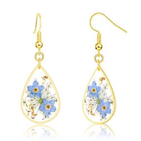 Pressed Forget Me Not Handmade Earrings, Real Flower Natural Earrings, Dried Flower Resin Jewelry, Birthday Gift (Gold Forget-Me-Not Earrings Oval)