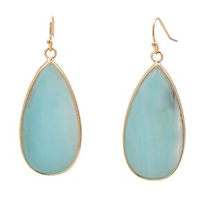 14K Yellow Gold Edged Stone Green Amazonite Flat Drop Earrings for Women