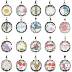 10pcs Mixed Stainless Steel Tone Round Shape Dried Pressed Flower Pendant Flower Plant Charm Floating Pendant Necklace Making Supplies
