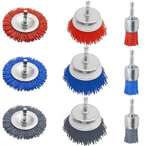 9Pcs Nylon Filament Abrasive Wire Brush Wheel & Cup Brush Set with 1/4 Inch Hex Shank 3 Sizes and Color Nylon Drill Brush Set Remove Rust, Corrosion, Paint