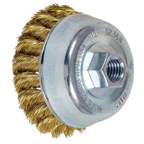 PFERD 82368 Standard Twist Knot Cup Brush, Brass Wire, 3-1/2" Diameter, 5/8-11 External Thread, 0.014 Wire Size, 7/8" Trim Length, 12500 RPM, POP Packaging