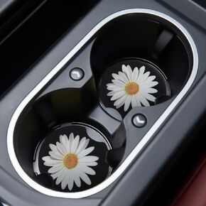 Jupswan Car Cupholder Coaster Absorbent 2 Pack Cute Funny Fun Trendy White Daisy Design Rubber New Automotive Cup Holder Decal Decor Accessories for Women Men