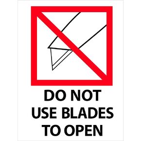 Tape Logic TLIPM325 Labels "Do Not Use Blades to Open", 3" x 4", Red/White/Black, 1 Roll of 500 Labels