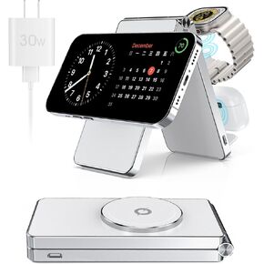 2024 3 في 1 30 وات محطة شحن لاسلكية فائقة السرعة لأجهزة iPhone Apple Watch AirPods المتعددة، قاعدة شحن لاسلكية مغناطيسية قابلة للطي، شاحن سفر لسلسلة iPhone 15/14/13/12 (أسود)
