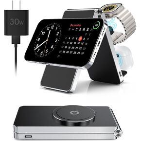 2024 3 في 1 30 وات محطة شحن لاسلكية فائقة السرعة لأجهزة iPhone Apple Watch AirPods المتعددة، قاعدة شحن لاسلكية مغناطيسية قابلة للطي، شاحن سفر لسلسلة iPhone 15/14/13/12 (أسود)