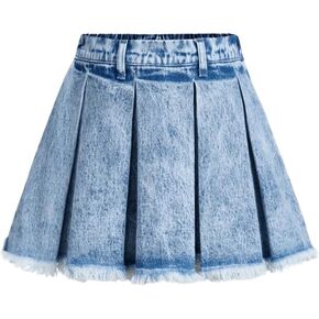 SweatyRocks Girl's Raw Hem High Waist Denim Skirt A Line Pleated Mini Jean Skirts