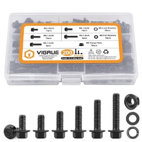 VIGRUE 200Pcs M6-1.0 x 12/16/20/25/30mm Flanged Hex Head Bolts Serrated Flange Nuts Washers Assorment, Black Metric Nut and Bolt Kit, Class 10.9 Alloy Steel
