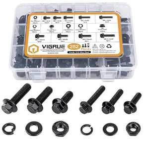 VIGRUE 200Pcs M6-1.0 x 12/16/20/25/30mm Flanged Hex Head Bolts Serrated Flange Nuts Washers Assorment, Black Metric Nut and Bolt Kit, Class 10.9 Alloy Steel