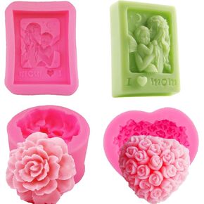 3 قطع عيد الأم فندان سيليكون قالب 3D روز قرنفل سيليكون قالب الأم الطفل الحب شكل قلب صابون فندان قالب الكعكة الراتنج قالب شمعة لحلوى الشوكولاته هدية عيد الأم تزيين الكعكة in Kuwait