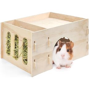 Tierecare Guinea Pig Hideout Wooden Castle with Hay Feeder Chinchilla House Small Animal Hut for Cage Habitat Decor with Added Comfort and Enrichment