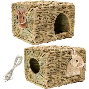 Hamiledyi 2PCS Extra Large Grass House for Rabbit, Edible Bunny Hut Natural Grass Woven Foldable Pet Play Hideaway Hay Mat Chew Toys for Guinea Pig Hamster Chinchilla, Safe Cozy Sleep