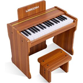 UISCOM Kids Piano - 37 مفتاحًا للأطفال الصغار لعبة البيانو الرقمية الموسيقية التعليمية - لوحة مفاتيح بيانو خشبية للأطفال مع حامل موسيقى - هدية للفتيات والأولاد بعمر 3 سنوات فما فوق، بني