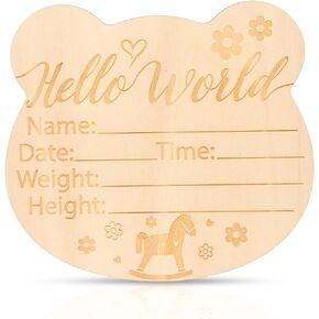 Baby Announcement Sign, 5.91x5.35 Inch Wooden Hello World Newborn Sign Newborn Announcement Sign Birth Announcement Cards Baby Name Cards for Baby Gift (Style 1)