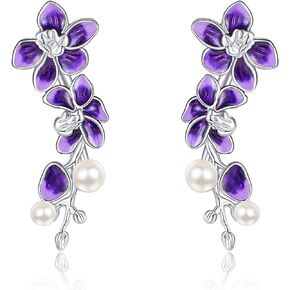 Orchid Earrings S925 Sterling Silver Orchid Floral Flower Climbers Earrings Jewelry Gifts for Women Girls