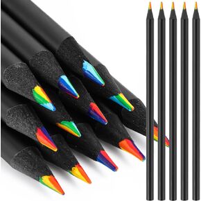 12 Pcs Rainbow Pencils with Sharpener, 7 Color in 1 Rainbow Pencils for Kids, Black Wooden Rainbow Colored Pencil, Art Supplies for Kids & Adults, Birthday Pencils