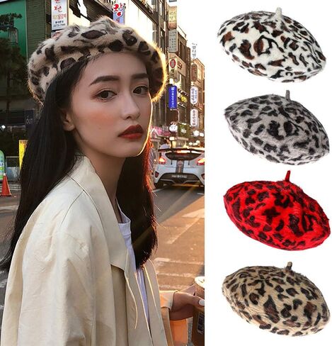 Ovida المرأة ليوبارد طباعة قبعة البيريه الصوف الفرنسية قبعة الشتاء الدافئة قبعة صغيرة in Kuwait