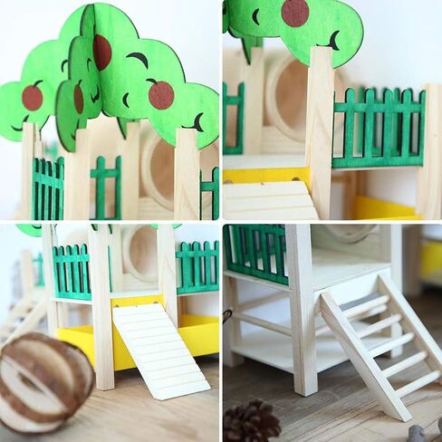 Dwarf Hamster Houses and Hideouts, Rat Playground Activity Platform Villa with Tube Tunnel Climbing Ladder Natural Wooden Toys Fences and Roofs for Dwarf Mouse,Sugar Glider or Other Small Animals in Saudi Arabia