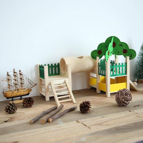 Dwarf Hamster Houses and Hideouts, Rat Playground Activity Platform Villa with Tube Tunnel Climbing Ladder Natural Wooden Toys Fences and Roofs for Dwarf Mouse,Sugar Glider or Other Small Animals in Saudi Arabia