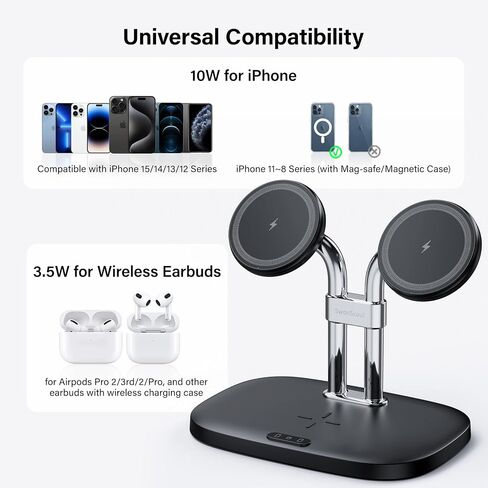 SwanScout Wireless Charger for iPhone, Dual Magnetic Charger for iPhone 15/14/13/12 Series, Charging Station for AirPods Pro 2nd/Pro, AirPods 3rd/2nd (Black) in Kuwait