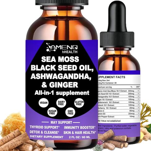 AMENQ hHEALTH Sea Moss Black Seed Oil Ashwagandha Ginger, Multi-Mineral Sea Moss 3000mg Liquid Drops Extract, 4X Stronger Than Pills & Capsules, Vegan Superfood for Immunity, Joint & Thyroid Health in Saudi Arabia