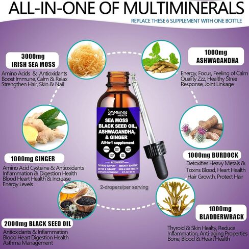 AMENQ hHEALTH Sea Moss Black Seed Oil Ashwagandha Ginger, Multi-Mineral Sea Moss 3000mg Liquid Drops Extract, 4X Stronger Than Pills & Capsules, Vegan Superfood for Immunity, Joint & Thyroid Health in Saudi Arabia