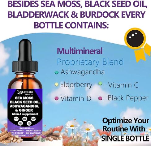 AMENQ hHEALTH Sea Moss Black Seed Oil Ashwagandha Ginger, Multi-Mineral Sea Moss 3000mg Liquid Drops Extract, 4X Stronger Than Pills & Capsules, Vegan Superfood for Immunity, Joint & Thyroid Health in Saudi Arabia