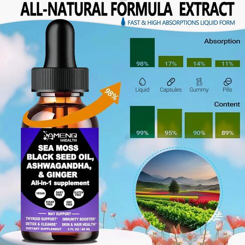 AMENQ hHEALTH Sea Moss Black Seed Oil Ashwagandha Ginger, Multi-Mineral Sea Moss 3000mg Liquid Drops Extract, 4X Stronger Than Pills & Capsules, Vegan Superfood for Immunity, Joint & Thyroid Health in Saudi Arabia