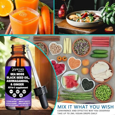 AMENQ hHEALTH Sea Moss Black Seed Oil Ashwagandha Ginger, Multi-Mineral Sea Moss 3000mg Liquid Drops Extract, 4X Stronger Than Pills & Capsules, Vegan Superfood for Immunity, Joint & Thyroid Health in Saudi Arabia