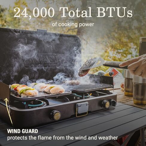 Coleman 1900 Collection 3-in-1 Propane Camping Stove, Portable Gas Stove with Matchless Lighting, Cast Iron Griddle & Grill Grates, & 24,000 BTUs of Power for Camping, Tailgating, Grilling & More in Saudi Arabia