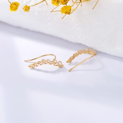 14k Yellow Gold Ear Climber Earrings for Women, Real Gold Leaf Studs Crawler Earrings Cuff, Jewelry Gifts for Her in Saudi Arabia