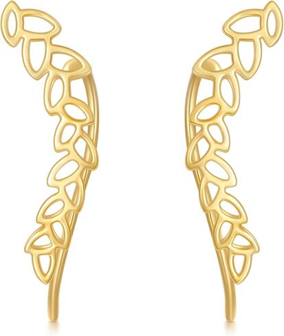 14k Yellow Gold Ear Climber Earrings for Women, Real Gold Leaf Studs Crawler Earrings Cuff, Jewelry Gifts for Her in Saudi Arabia