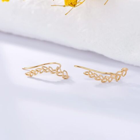 14k Yellow Gold Ear Climber Earrings for Women, Real Gold Leaf Studs Crawler Earrings Cuff, Jewelry Gifts for Her in Saudi Arabia