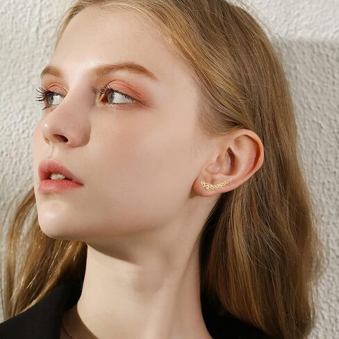 14k Yellow Gold Ear Climber Earrings for Women, Real Gold Leaf Studs Crawler Earrings Cuff, Jewelry Gifts for Her in Saudi Arabia