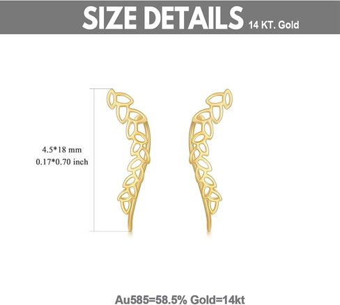 14k Yellow Gold Ear Climber Earrings for Women, Real Gold Leaf Studs Crawler Earrings Cuff, Jewelry Gifts for Her in Saudi Arabia