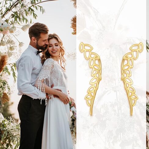 14k Yellow Gold Ear Climber Earrings for Women, Real Gold Leaf Studs Crawler Earrings Cuff, Jewelry Gifts for Her in Saudi Arabia