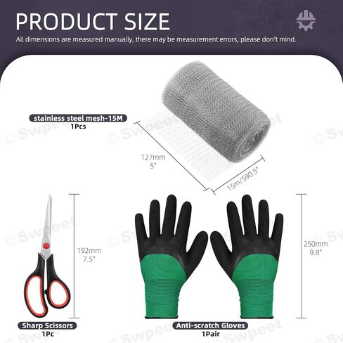 Swpeet 3Pcs 5" x 50FT Wire Mesh Hole Fill Fabric with Scissors and Anti-scretch Gloves, Stainless Steel Wire Mesh Roll, Flexible Stretchy Mesh Fabric Ideal for Garden House and DIY in Saudi Arabia